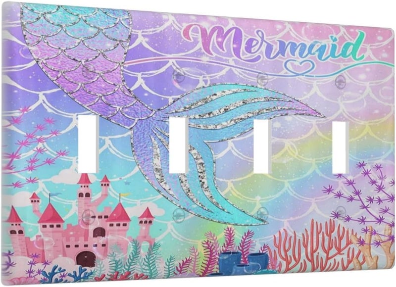 Sghxwp Silvery Glitter Cute Mermaid Tail Fantasy Castle Quad Toggle Light Switch Covers 4 Gang Wall Plate Decorative Switchplate Electrical Faceplate for Kidroom Nursery Bedroom Kitchen Decor - Image 2